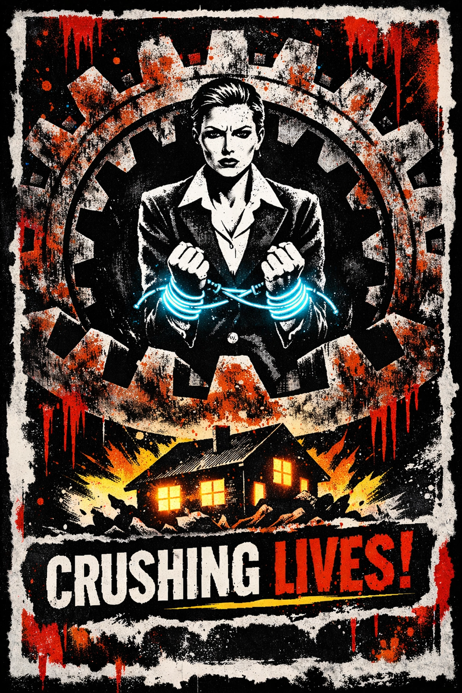 Punk rock art depicting corporate dependency and the crushing of the traditional family unit.