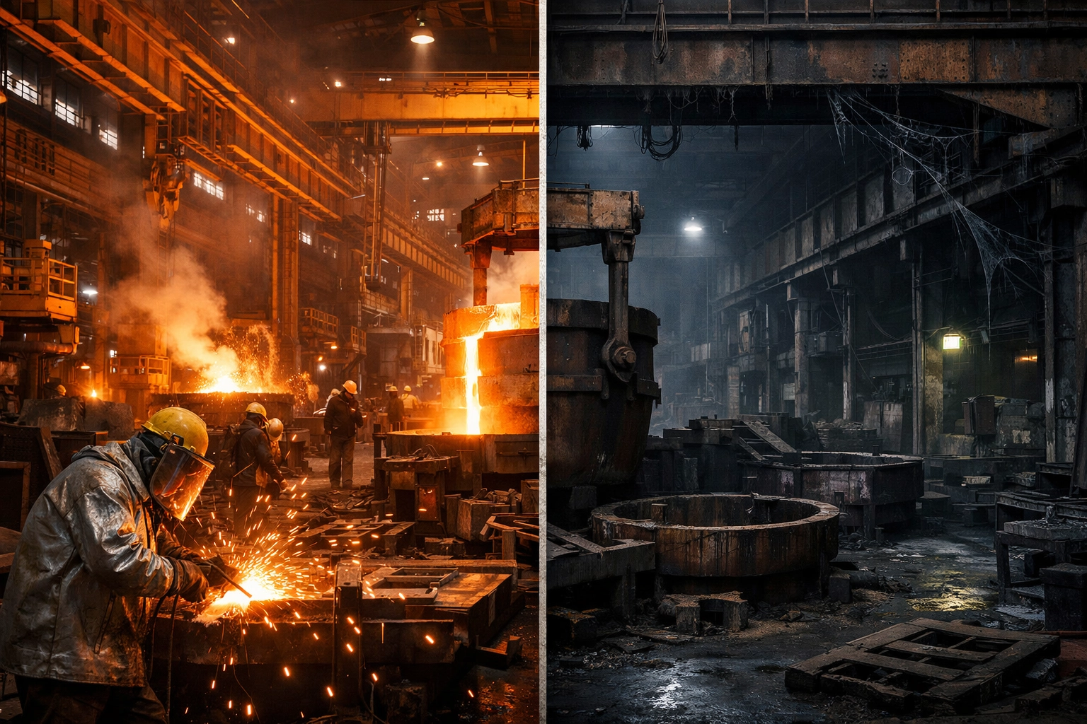 American manufacturing plant split view showing tariff-protected operations versus abandoned factory floor