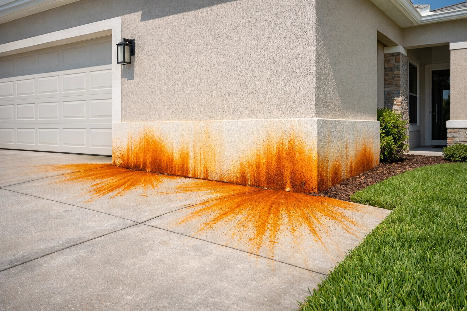 Orange irrigation rust stains on a concrete driveway and stucco siding of a Florida home. Orange irrigation rust stains on a concrete driveway and stucco siding of a Florida home.