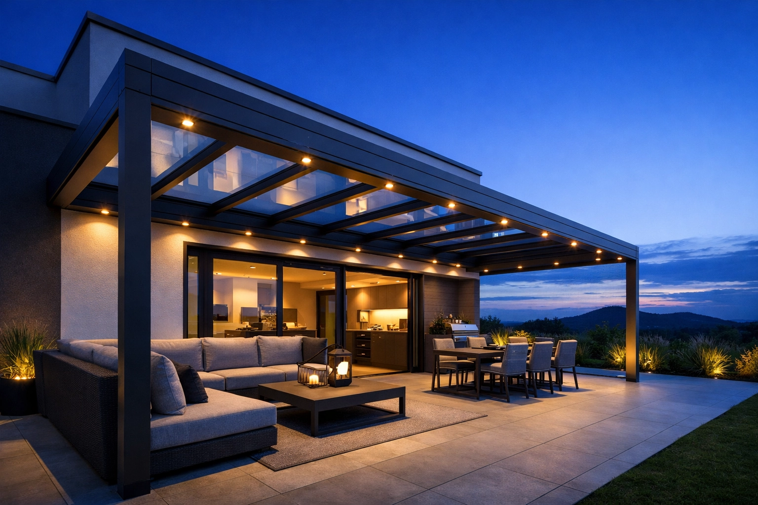 Moderne Terrassenüberdachung aus Aluminium mit LED-Spots und Glasdach in einem Garten in Niederösterreich.