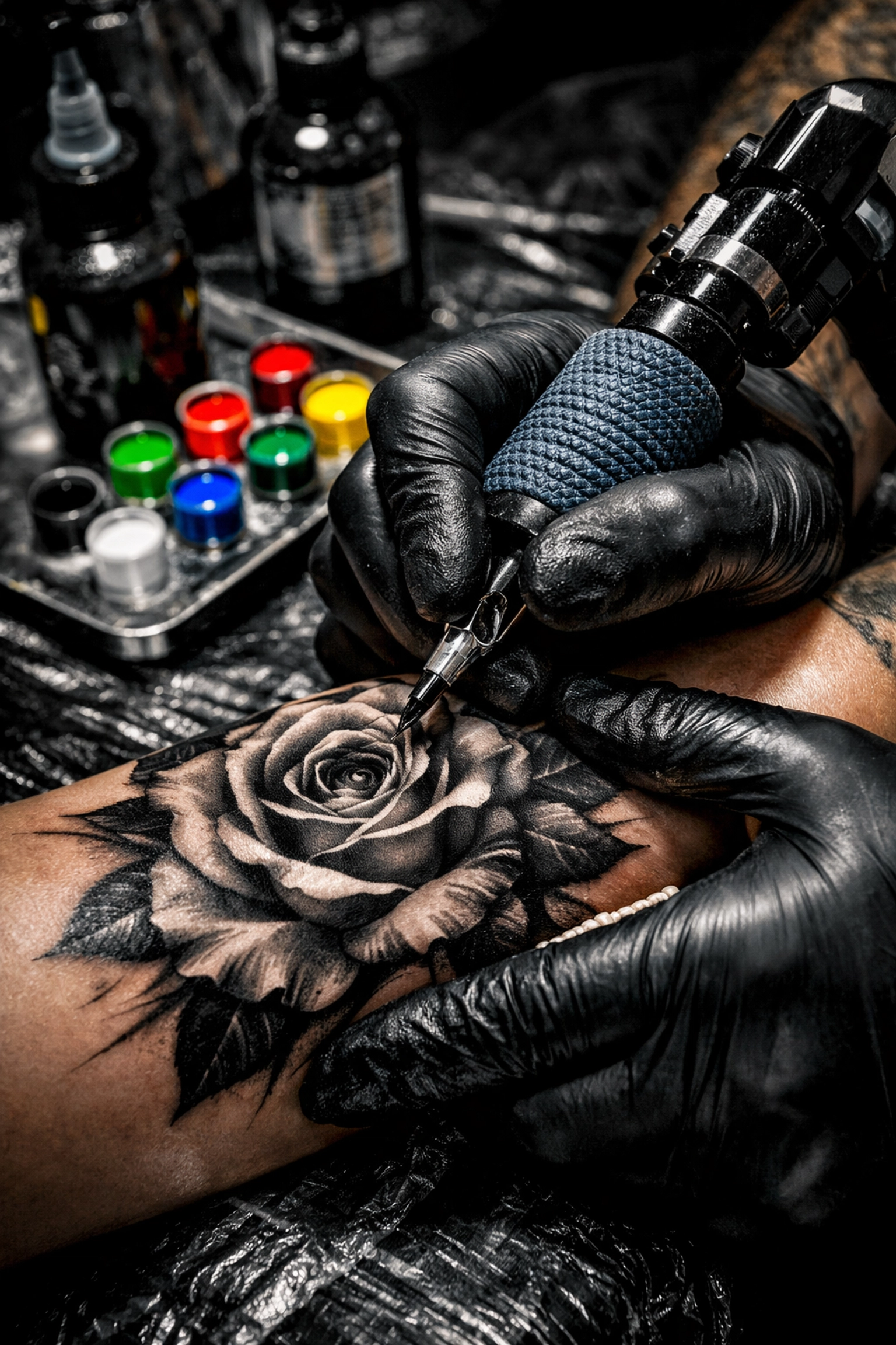 Tattoo artist creating custom realism rose tattoo at Farnam Street Tattoo Omaha