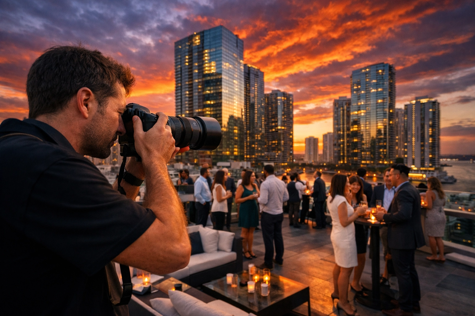 Professional Miami event photographer capturing a corporate rooftop cocktail party in Brickell at sunset.