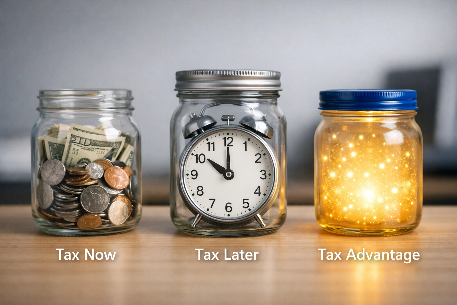 Three tax strategy buckets illustrating Tax Now, Tax Later, and Tax Advantage diversification methods