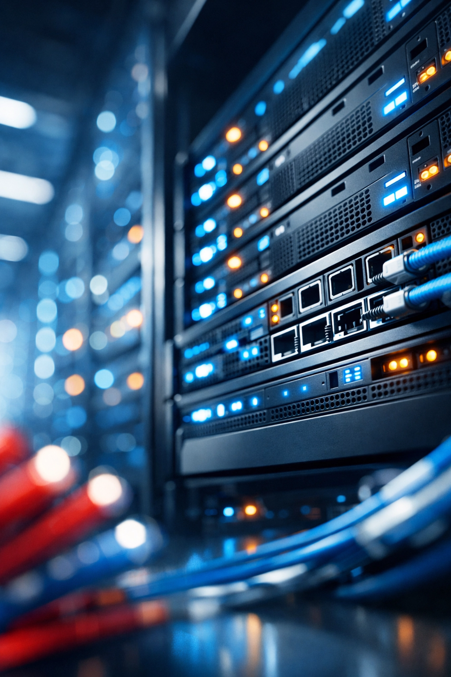 Server infrastructure with fiber optic cables representing Magento 2 hosting and caching performance