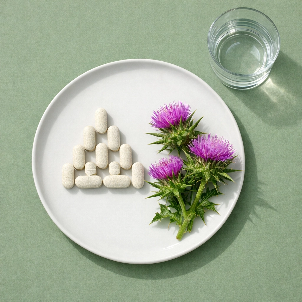 Milk thistle tablets with fresh purple milk thistle flowers for liver health support