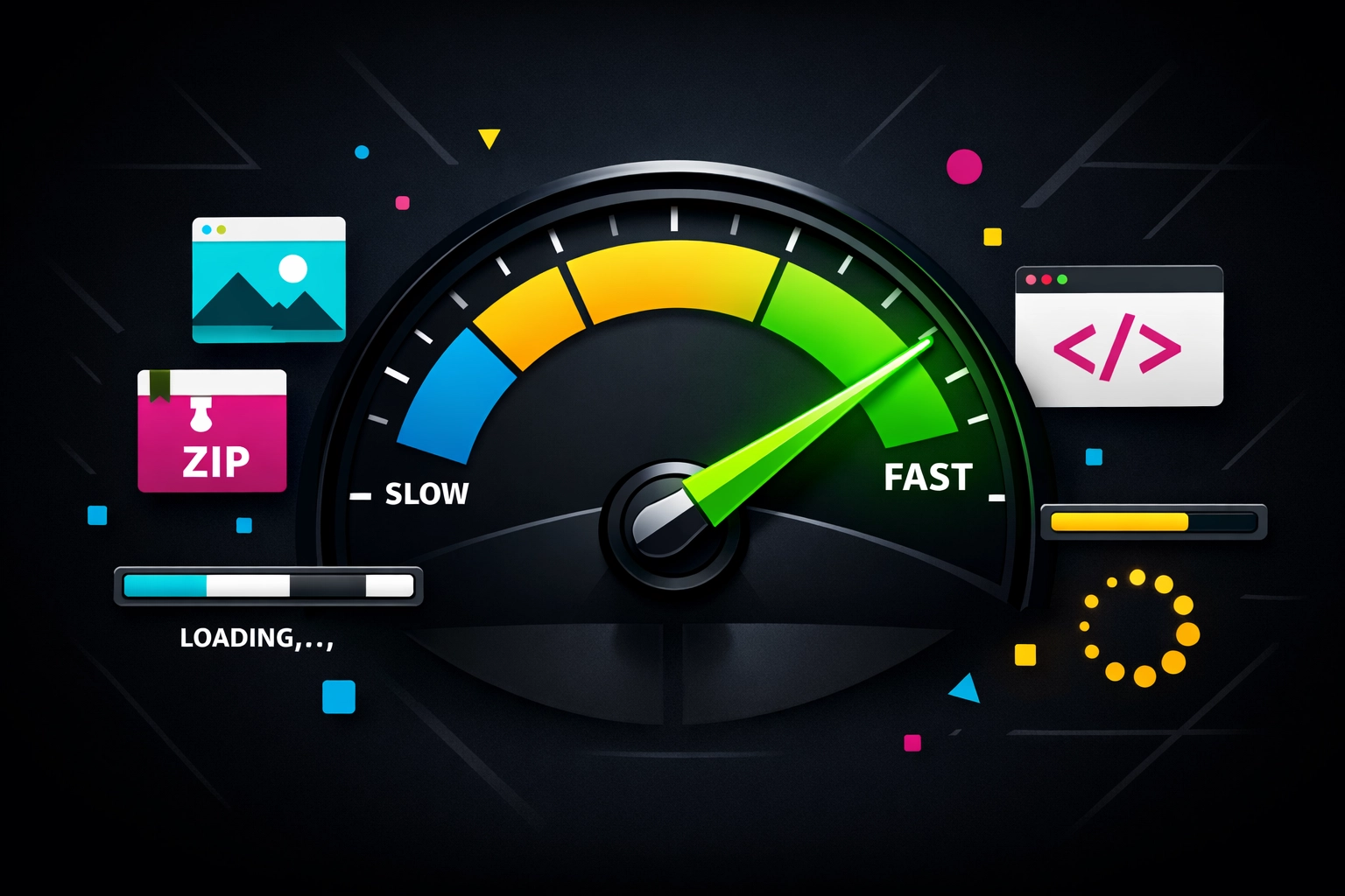 Website speed optimization dashboard showing fast loading performance with compressed images and code