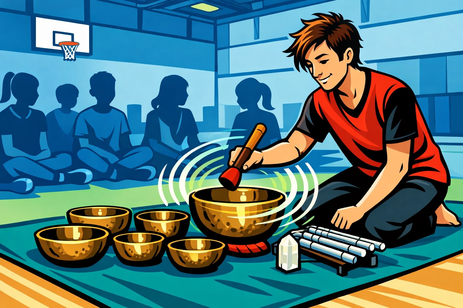 Facilitator demonstrating singing bowl techniques during a school mindfulness session for students