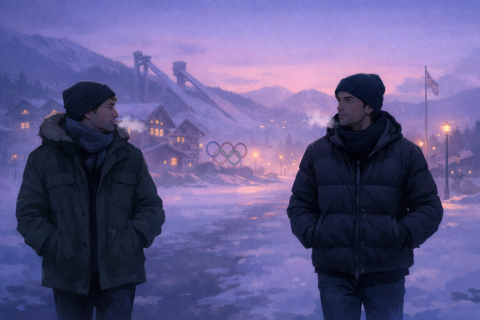 Two male athletes walk separately in Winter Olympic village, concealing their relationship at dawn