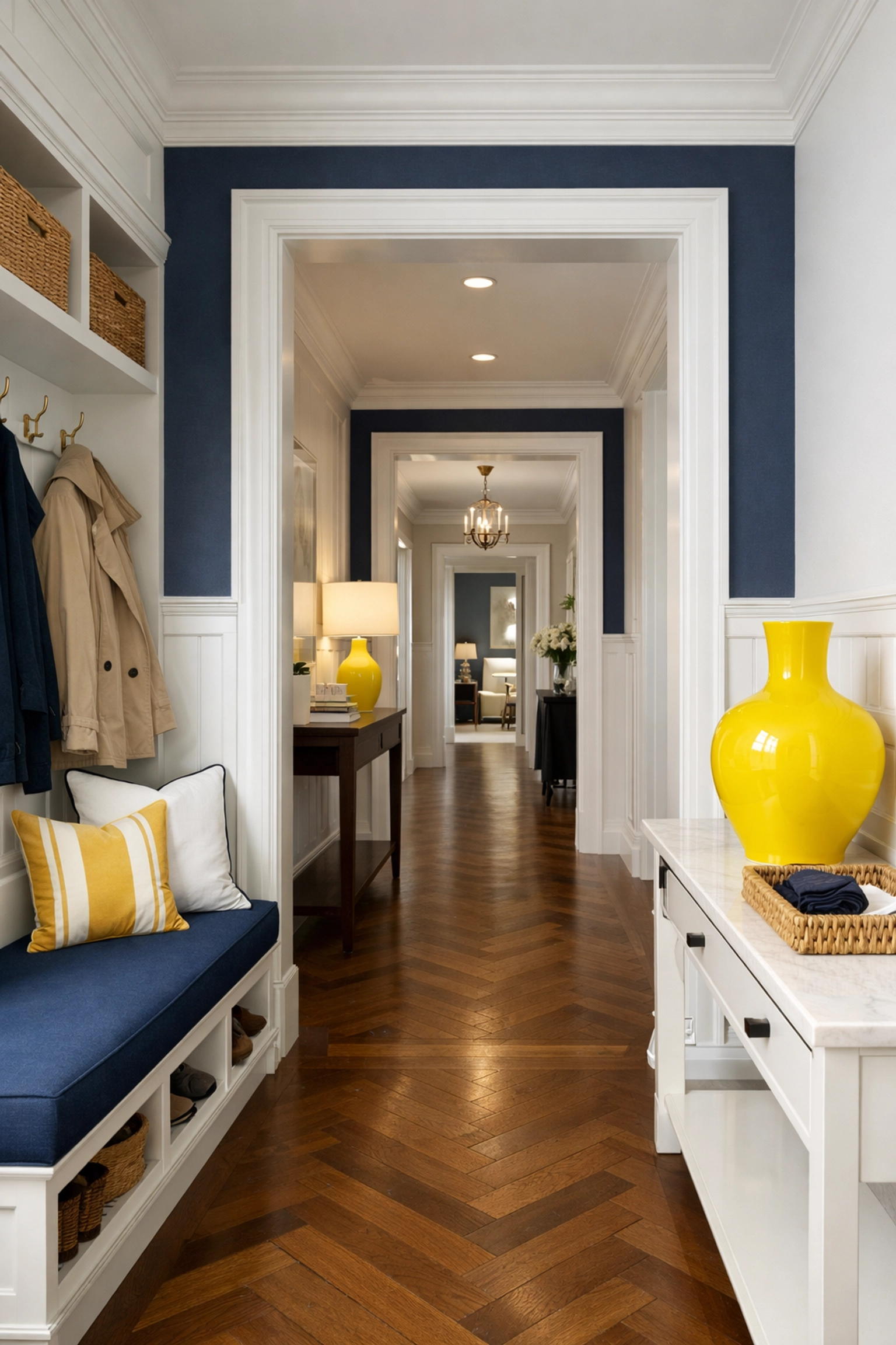 Organized and clean luxury apartment foyer in Harvard, MA, protecting interiors from New England weather.