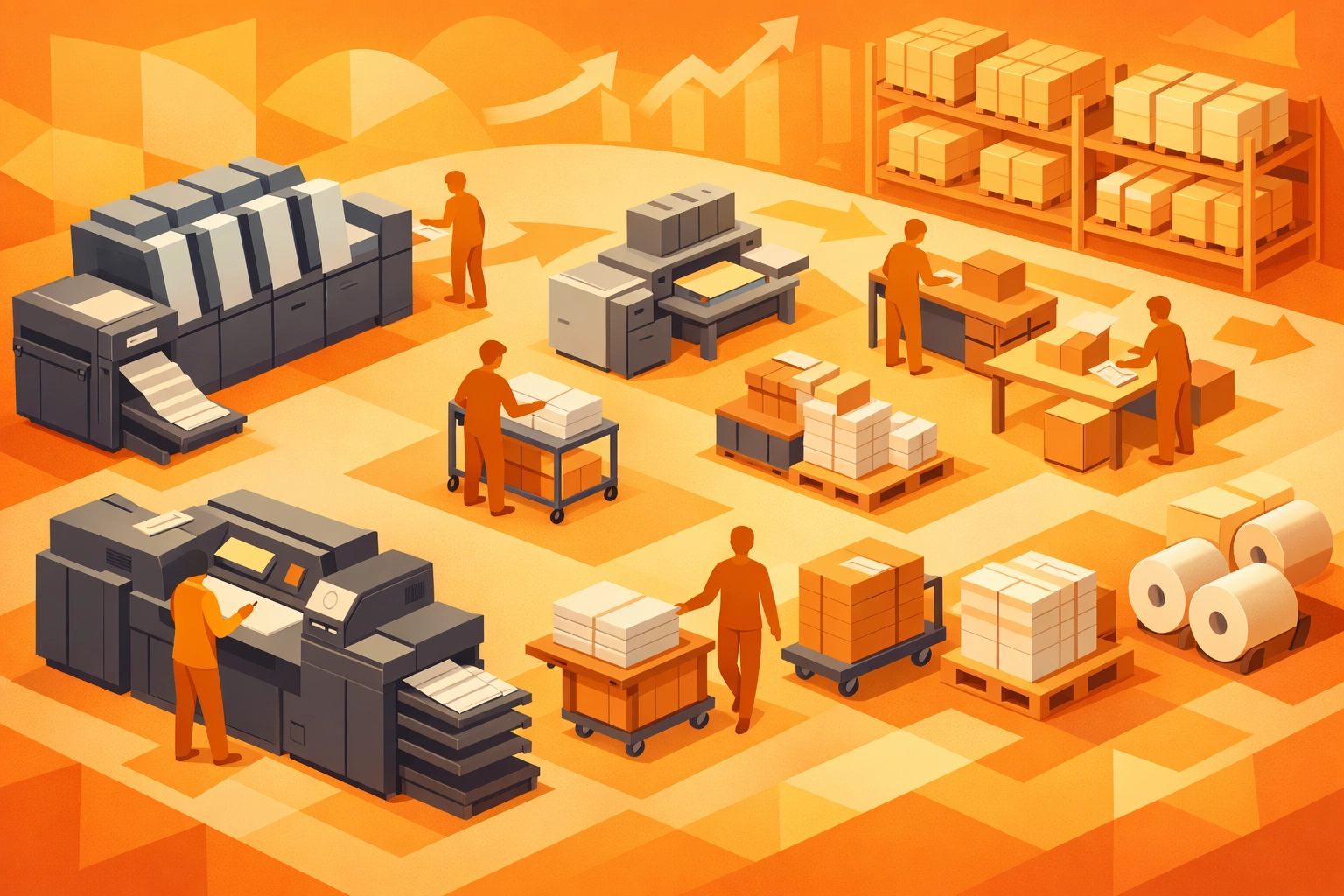 Modern high-volume printing facility with organized production workflow and equipment zones