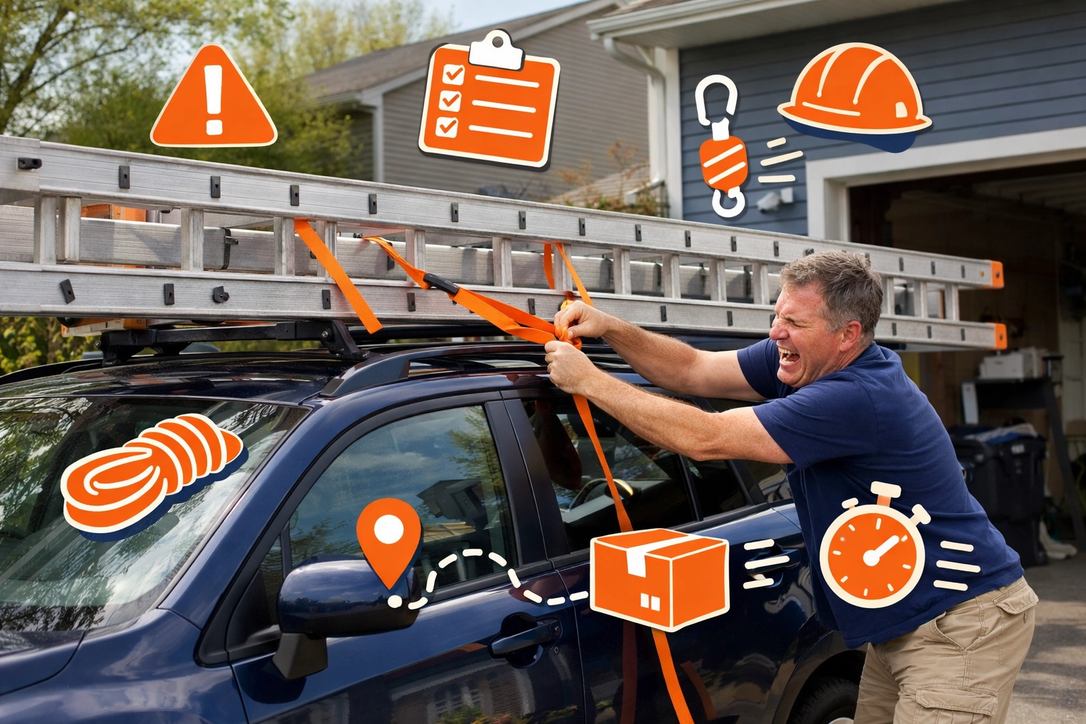 Man struggling to tie a 24-foot extension ladder to an SUV for home maintenance in Burlington.