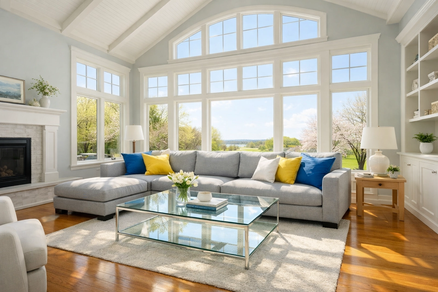 Clean, sun-drenched Lancaster living room with polished hardwood floors and a modern sectional sofa.