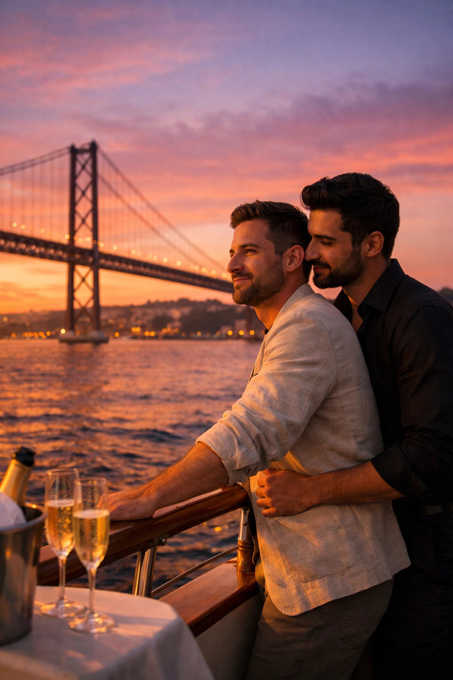 Gay couple on romantic Tagus River sunset cruise with 25 de Abril Bridge