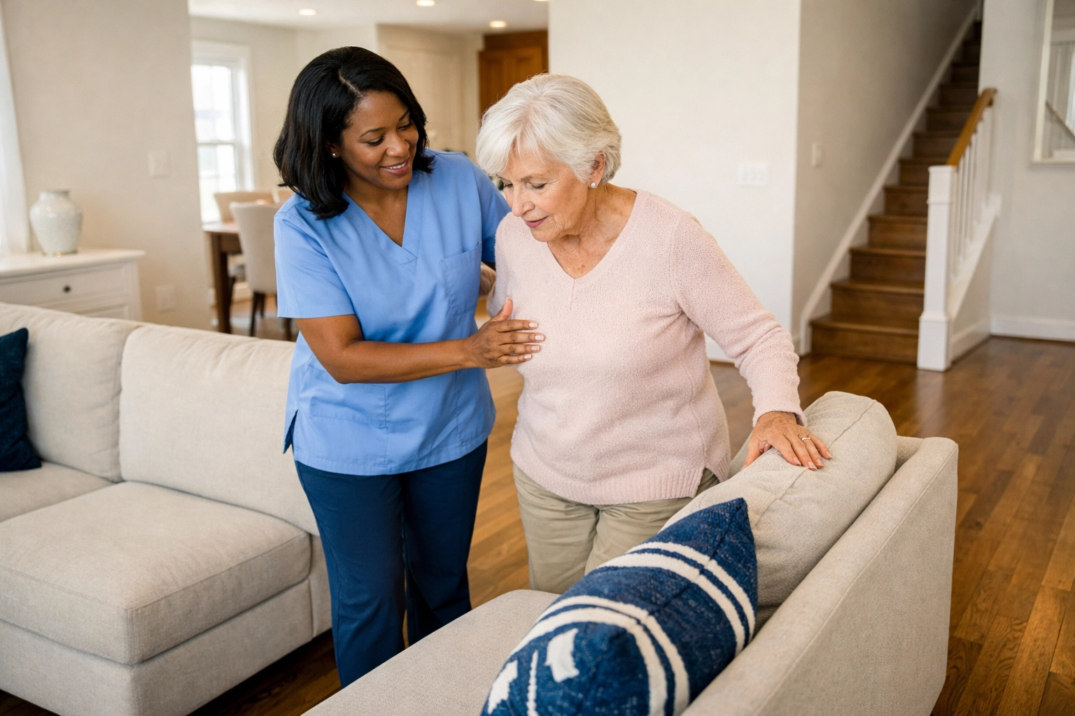 Personal care aide helping a senior walk through a clutter-free living room in Prince William County.