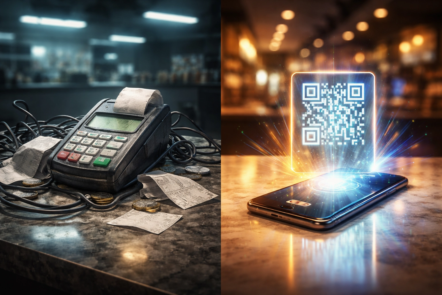 Side-by-side visual of outdated POS terminal versus modern crypto QR payment in a coffee shop, highlighting Larecoin innovation.