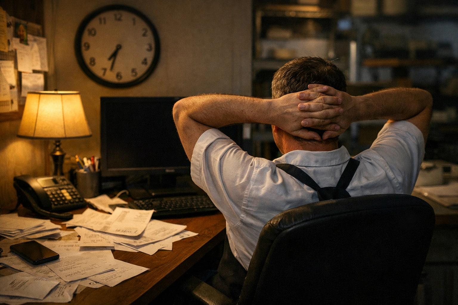 Business owner stressed by computer system downtime and cyber incident at office desk
