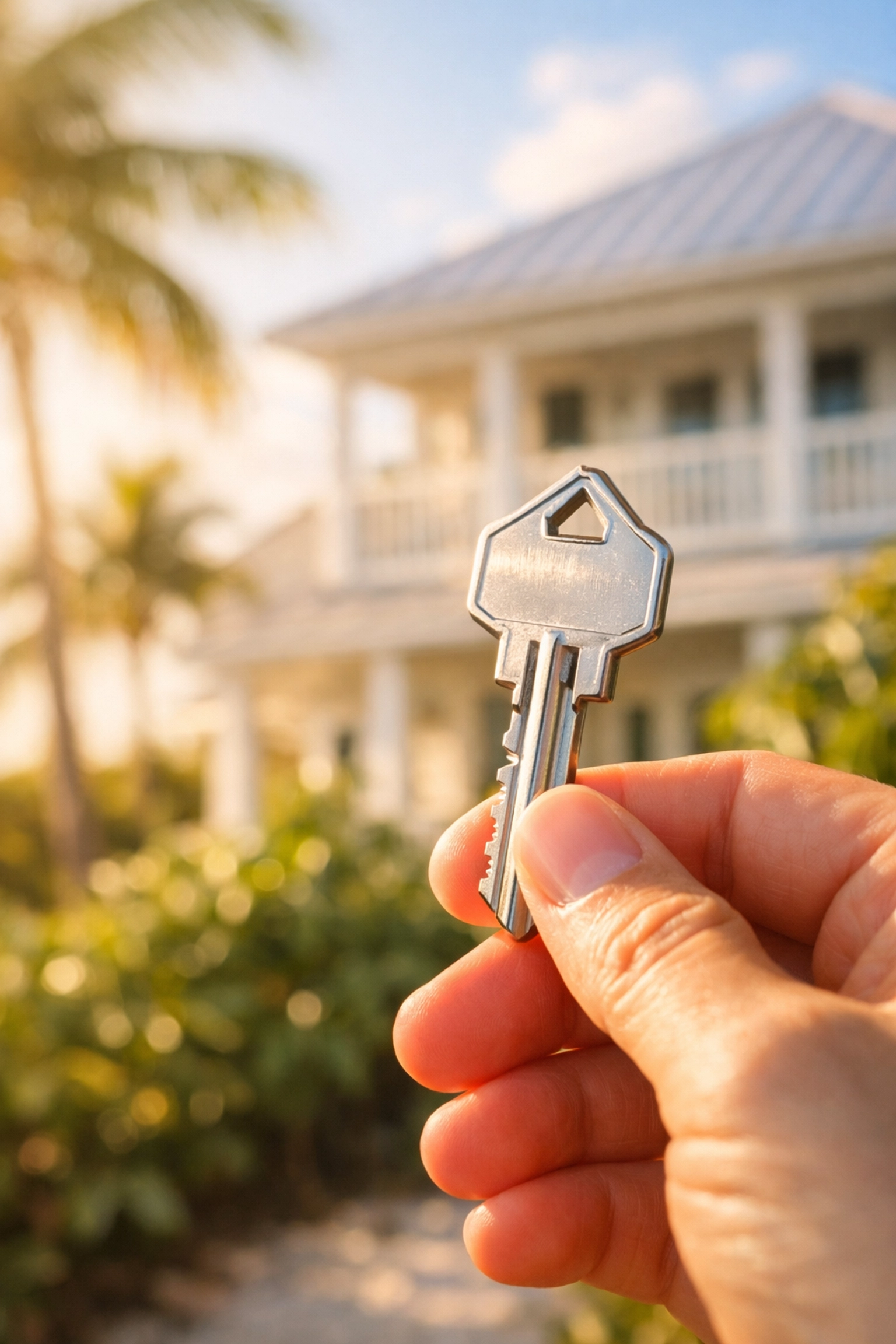 Hand holding a house key in front of a Florida coastal home to represent a closed real estate deal.