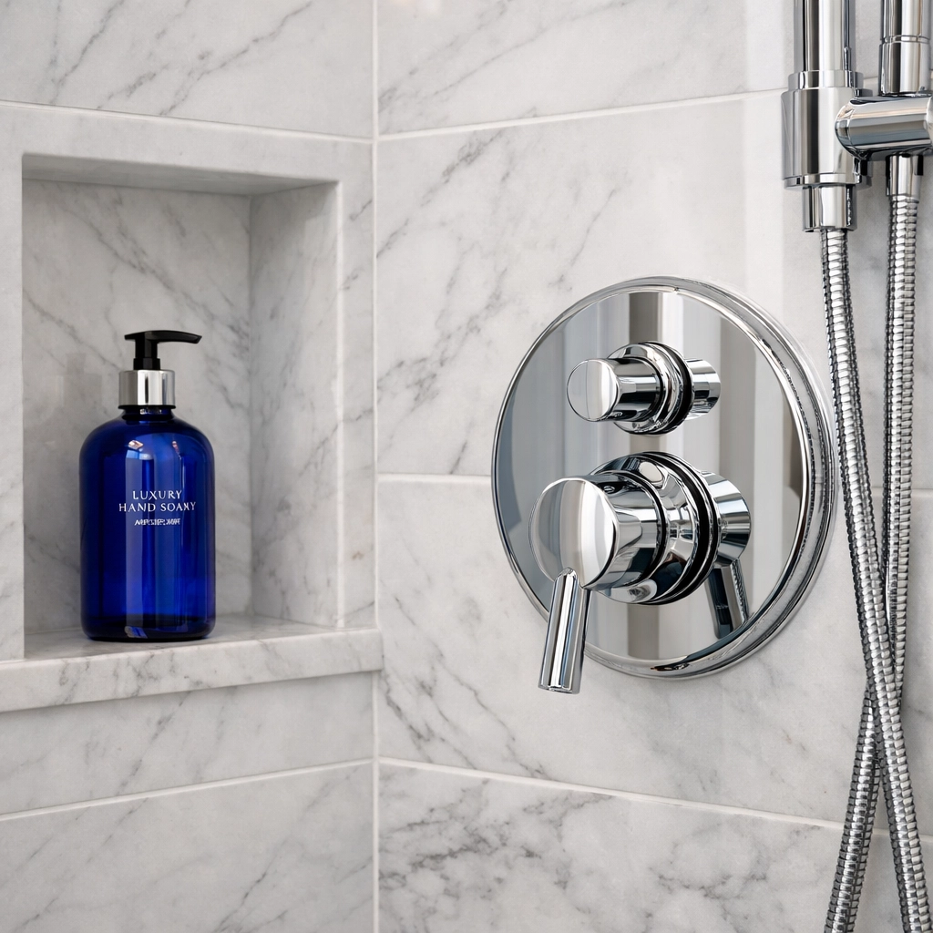 Clean and sanitized marble bathroom fixtures following a professional post-construction cleaning MA.