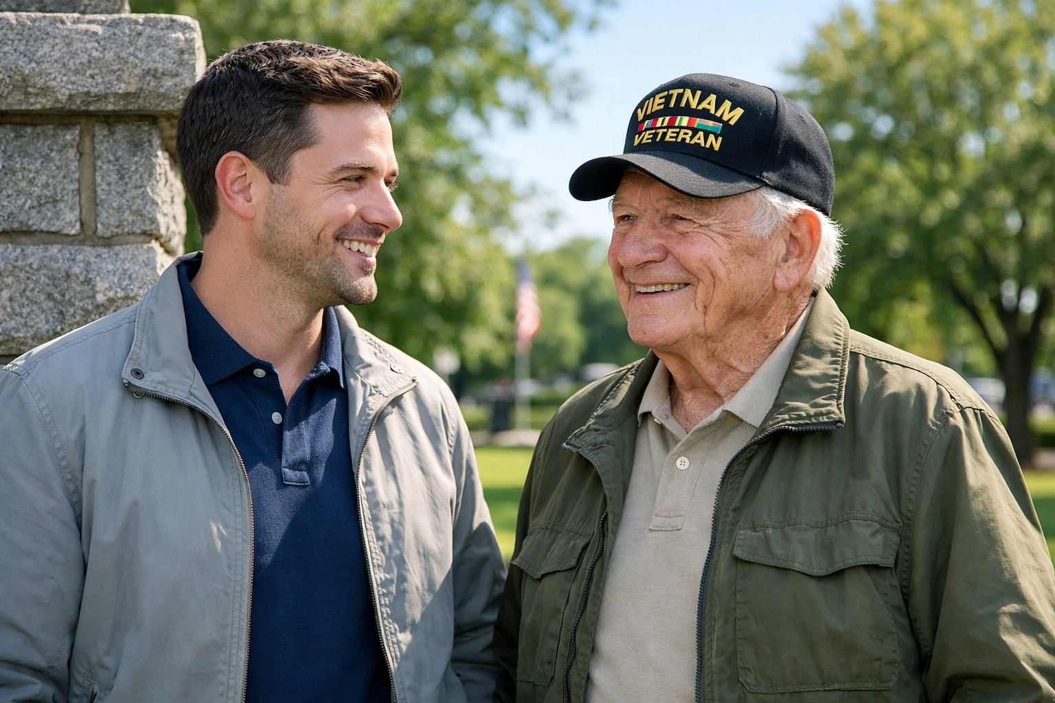 A veteran and a young community leader discussing civic education and American unity at a local park monument.