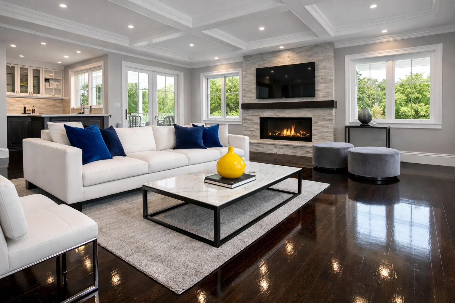 A spotless, luxury Massachusetts living room following a professional deep cleaning Lowell service.