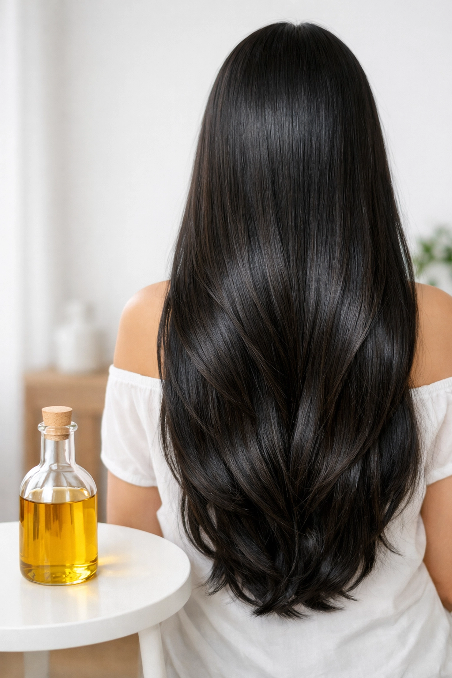 Healthy shiny hair showing the effects of sesame oil for hair growth and length.