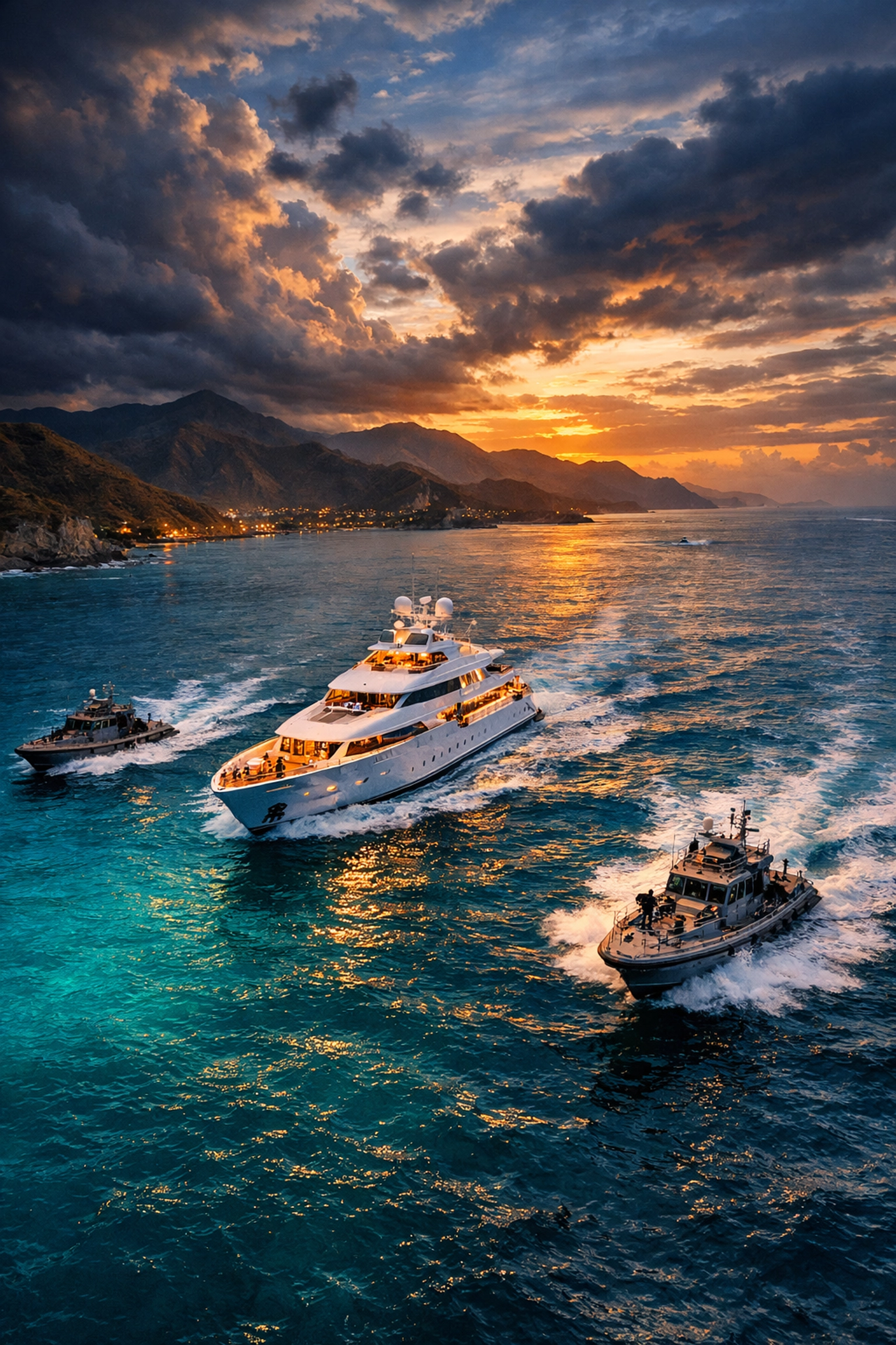 Luxury yacht with security patrol boats navigating Colombian Caribbean coastal waters