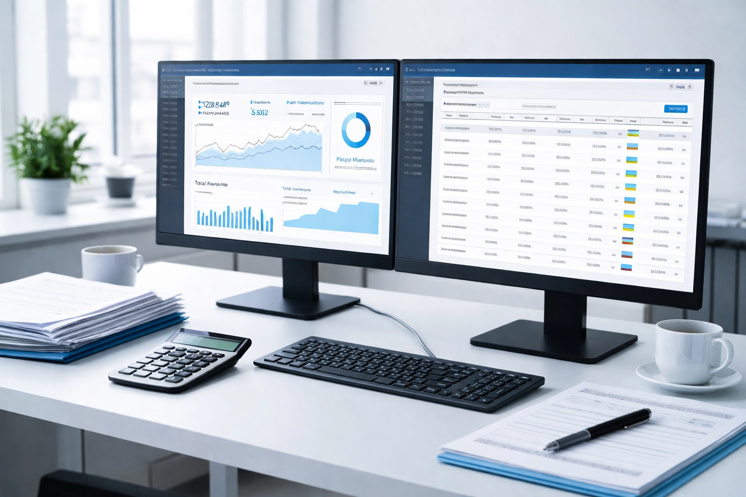 Modern office desk with dual monitors displaying ACH payment processing and financial dashboards