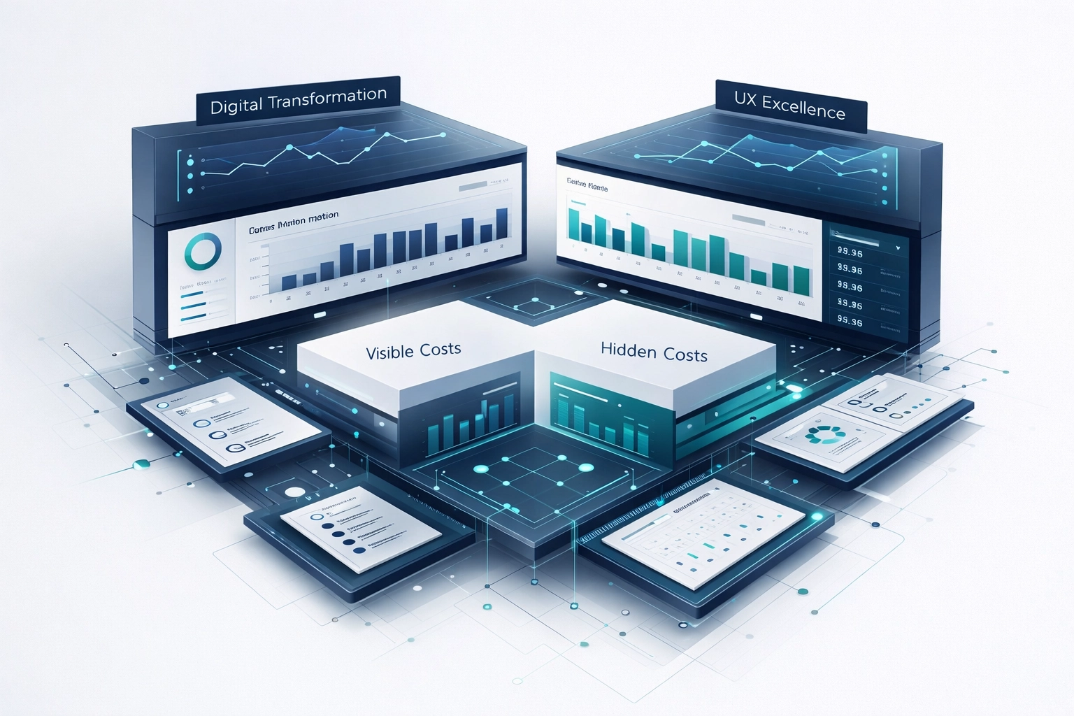Diagram comparing visible surface-level expenses with the hidden costs of digital transformation services.