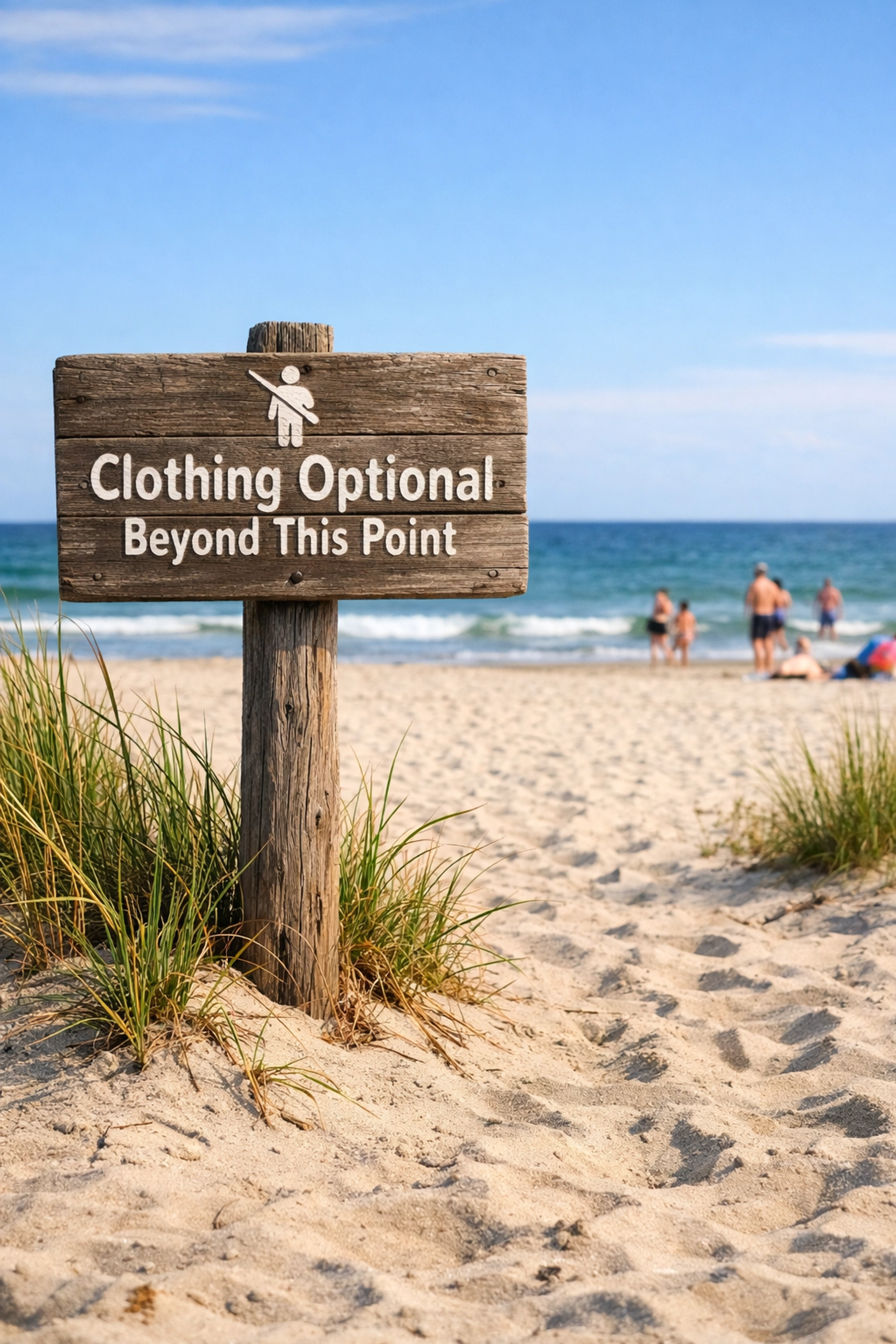 Weathered sign marking clothing-optional area entrance at Gunnison Beach