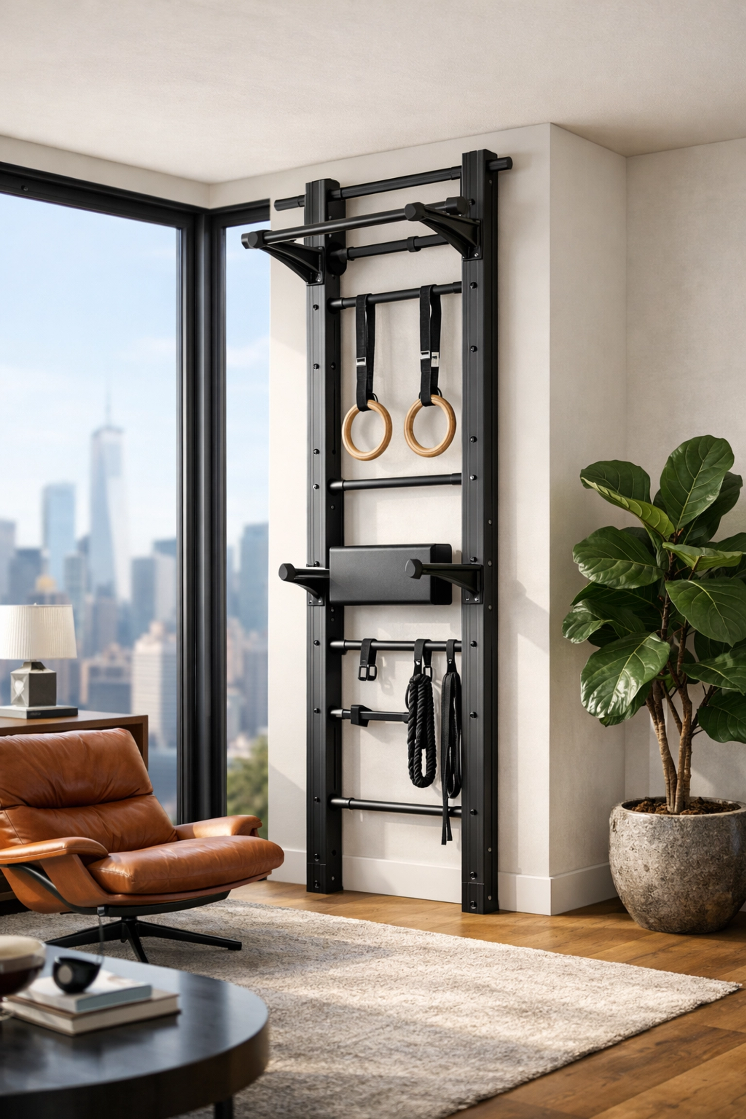 No wall damage workout system installed in a modern apartment for space-saving home fitness.