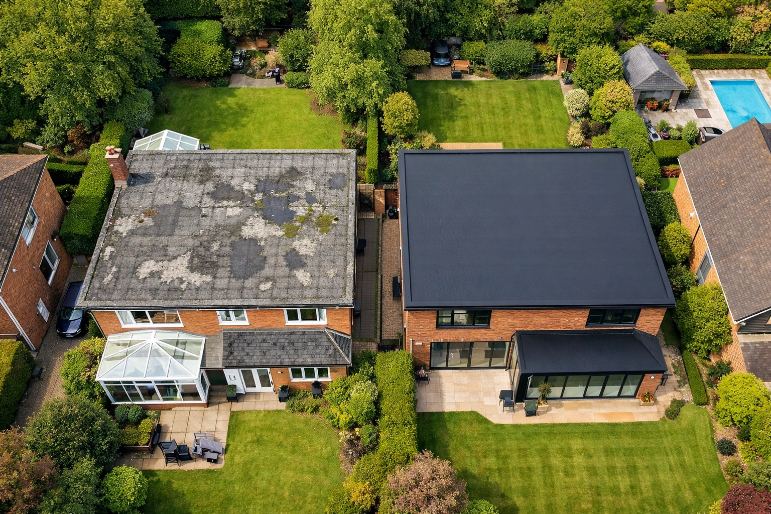 Aerial view comparing an old felt roof and a new rubber roof installation in Pinkneys Green, Maidenhead.