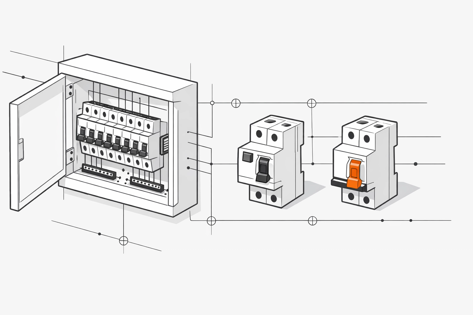 Sicherungskasten & FI-Schalter – technische Illustration im Elektro-Zentrum CI-Stil