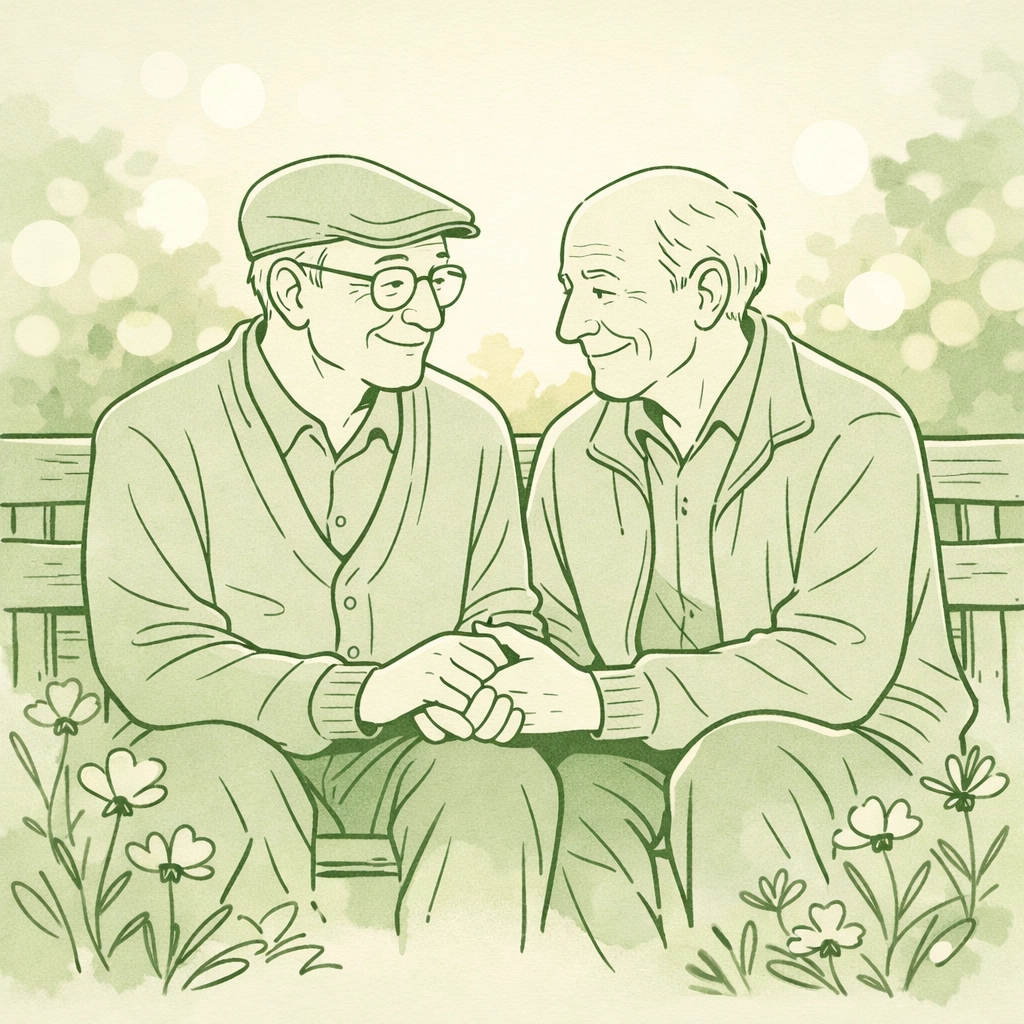Two senior men holding hands on retirement home garden bench - gay romance at seventy-five