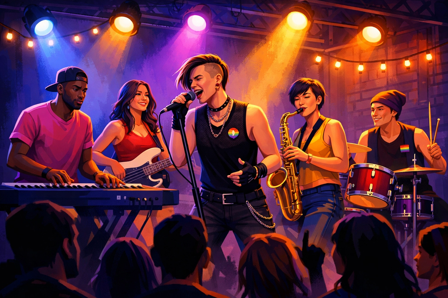 Diverse LGBTQ+ band performing live music together on stage in Atlanta warehouse venue