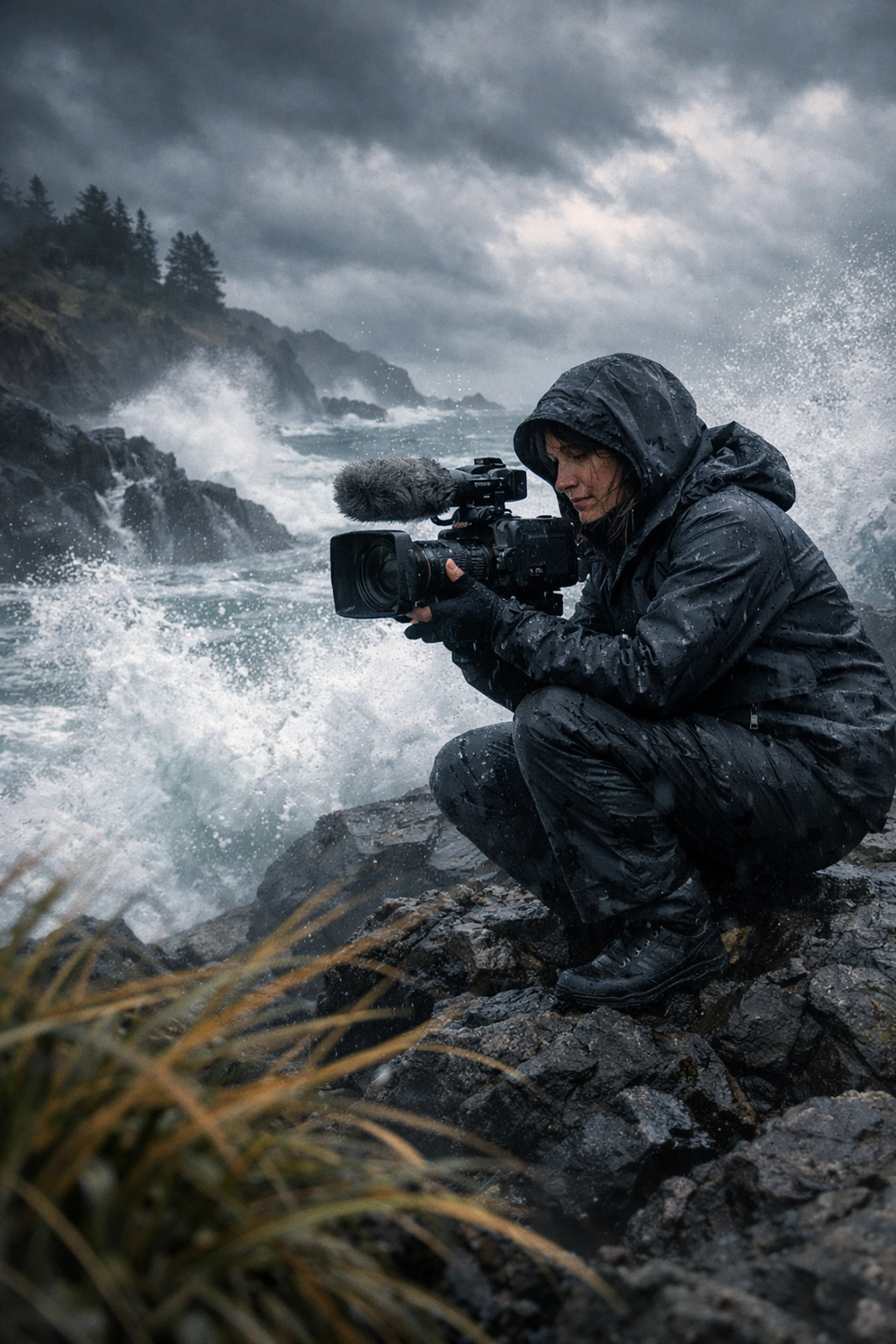 Coastal wedding videographer filming in weatherproof gear on rugged Oregon coastline with ocean spray