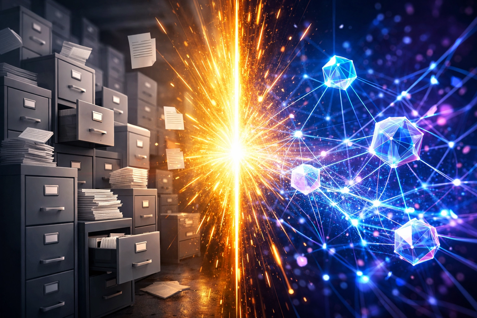 Digital visualization comparing traditional search filing cabinets with AI search optimization neural networks.