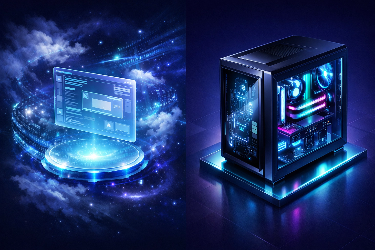 Visual comparison of web app vs desktop app showing cloud-based scaling and high-performance hardware.