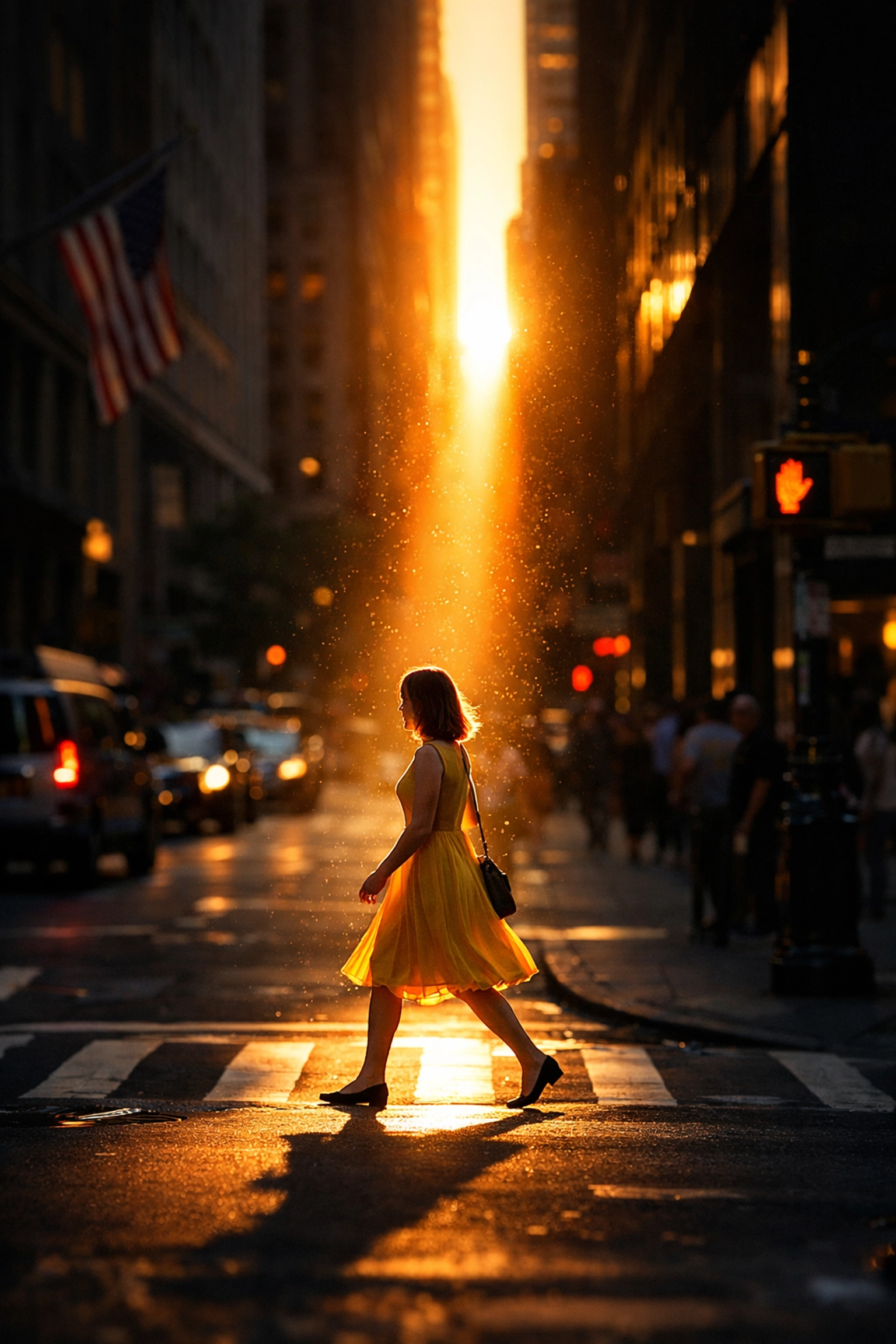 Dramatic golden hour light on a woman crossing the street, perfect for mastering street photography.