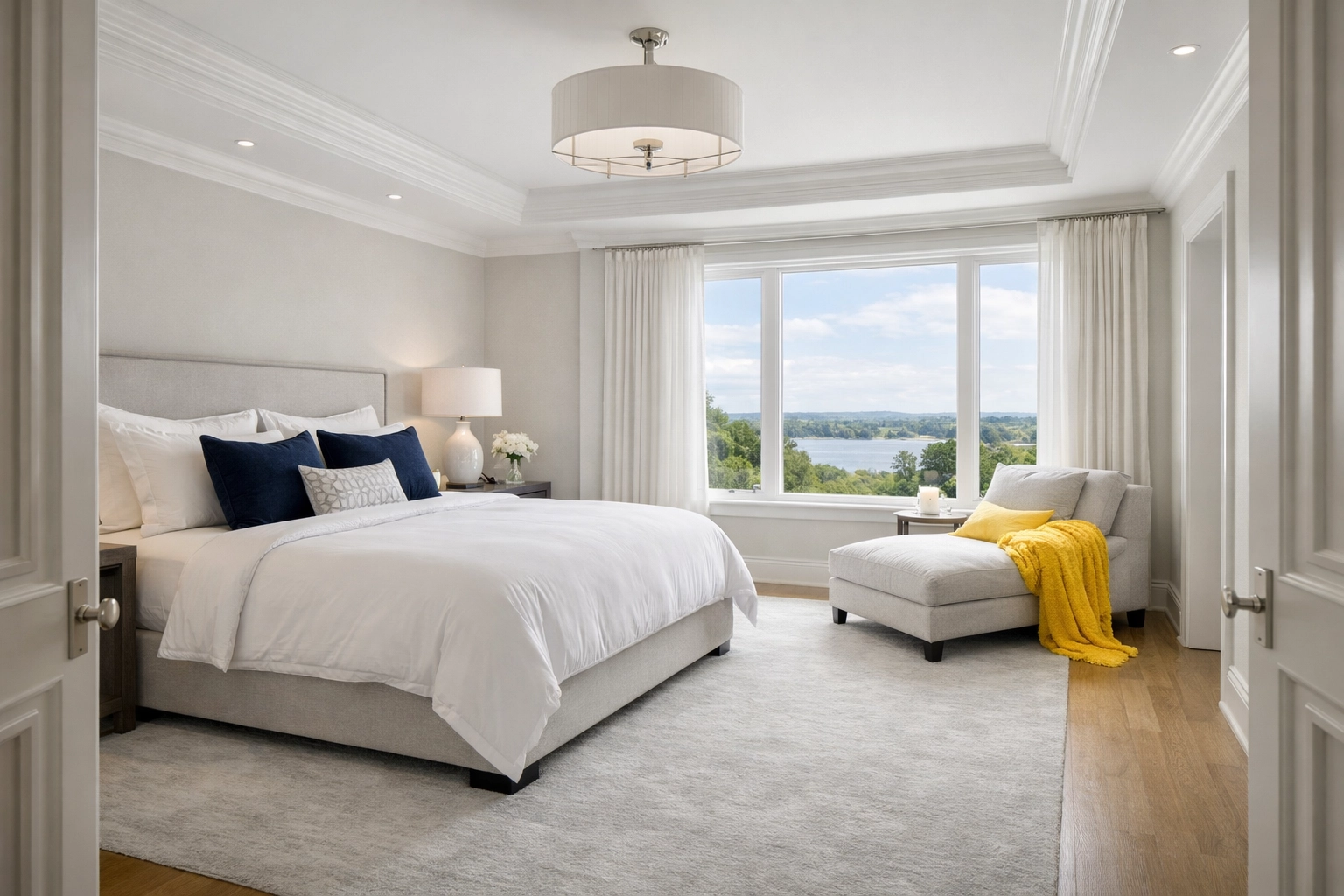 Perfectly made bed and clean master bedroom in West Cambridge, showcasing expert house cleaning Cambridge MA.