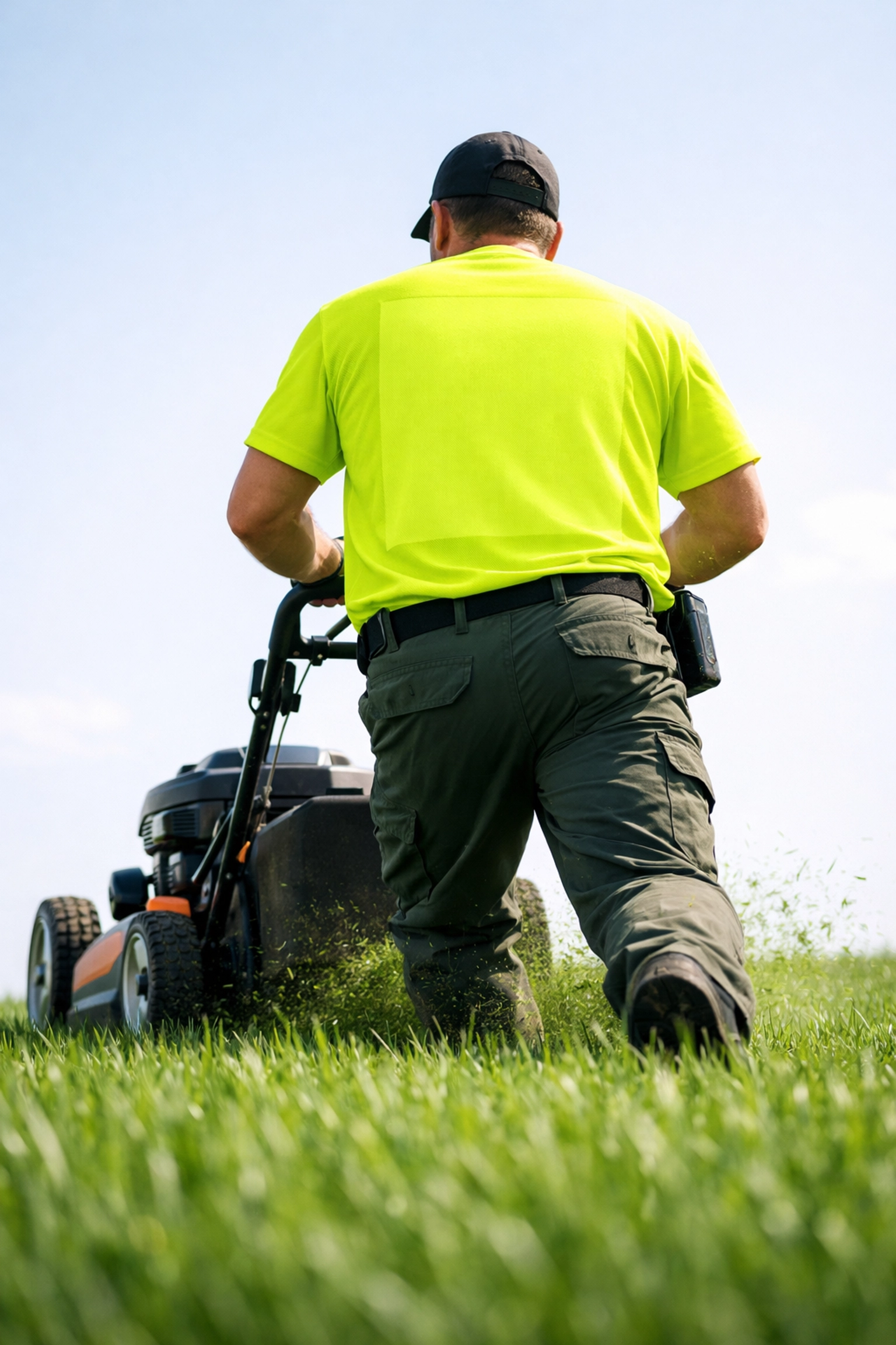 Back view of a landscaper in a custom t shirt, highlighting screen printing space for company logos.