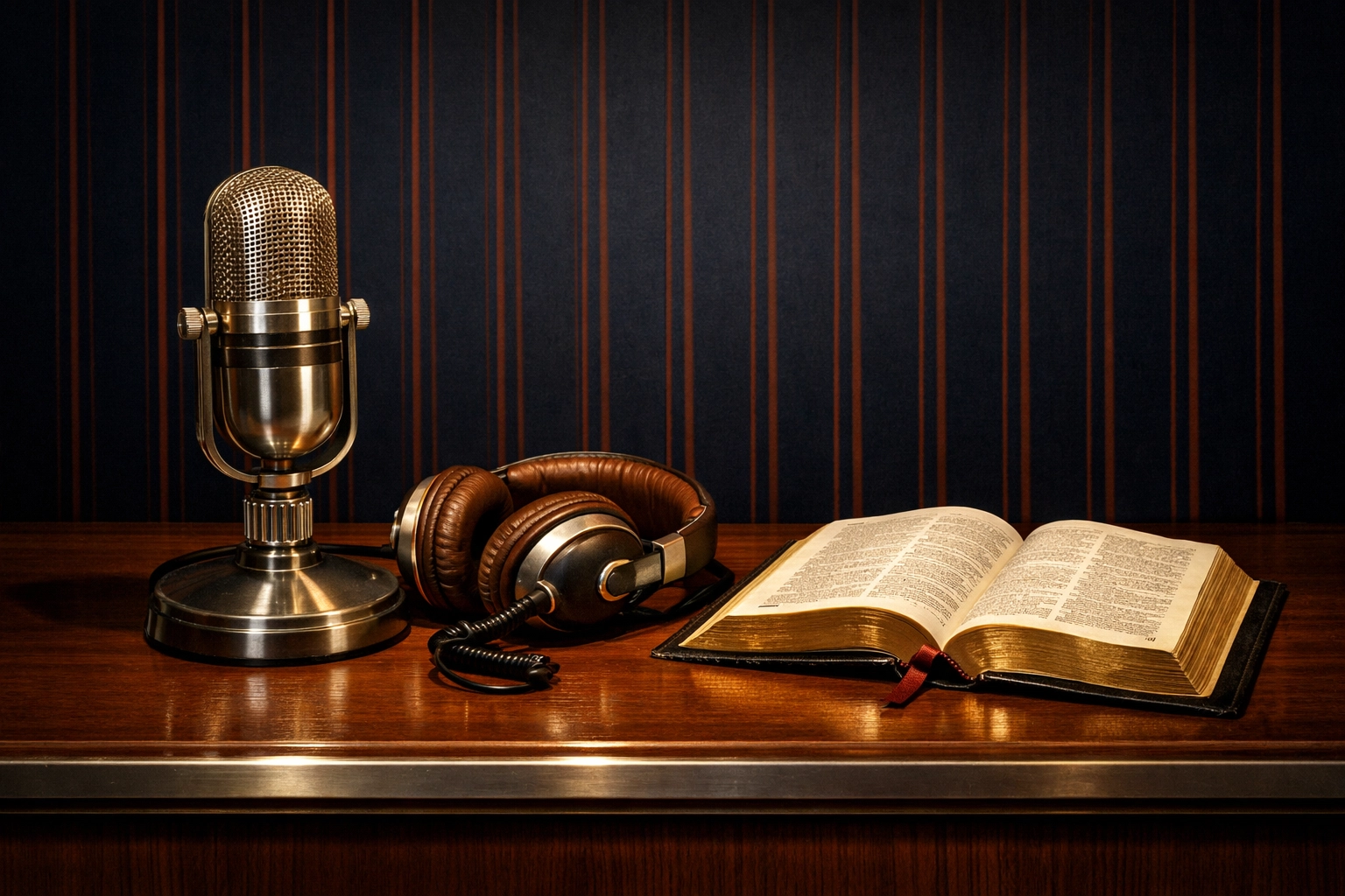 Retro newsroom desk with a broadcast microphone and an open Bible for Christ-centered news reporting.