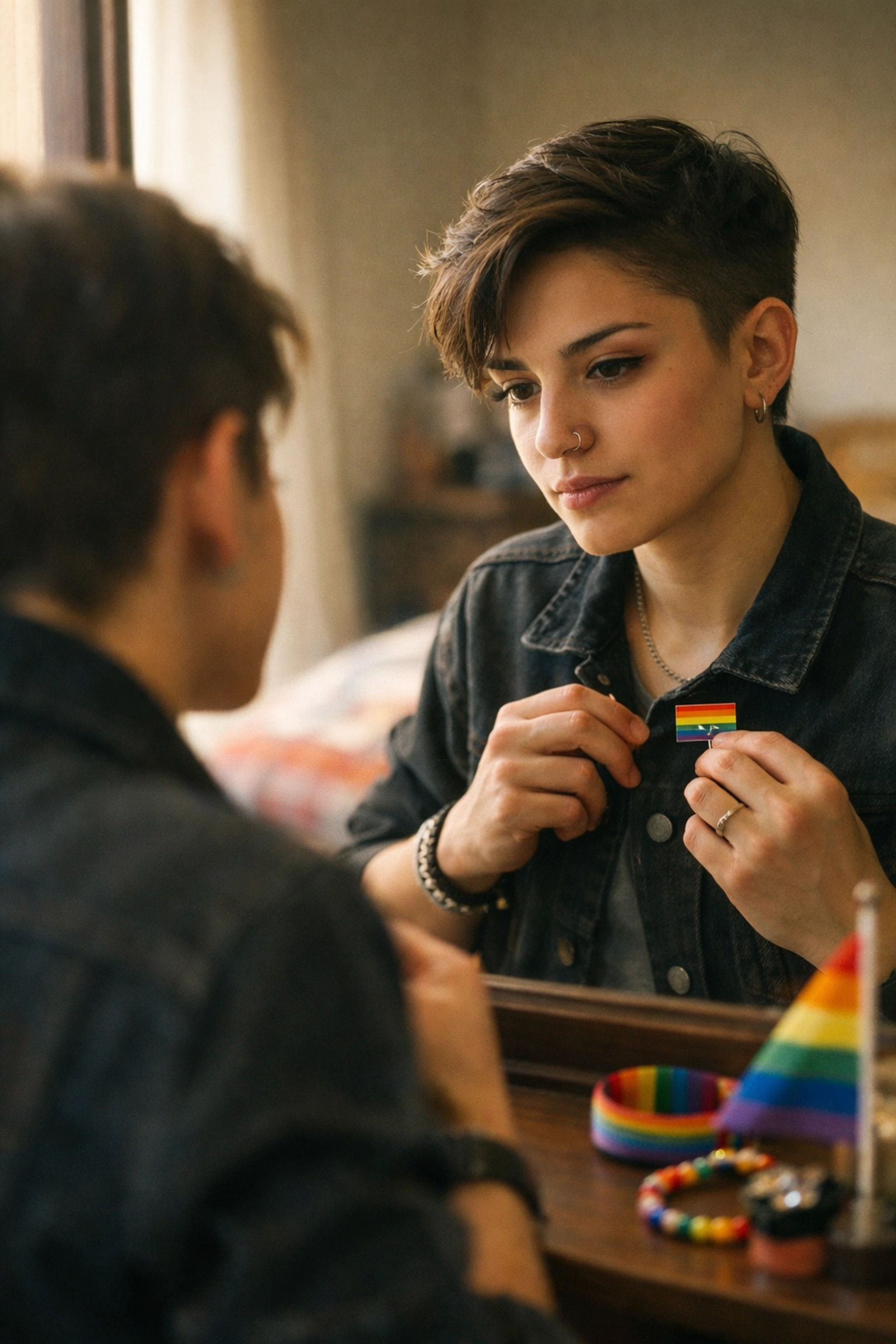 Queer person adjusting pride pin on jacket, daily fashion activism and authentic self-expression