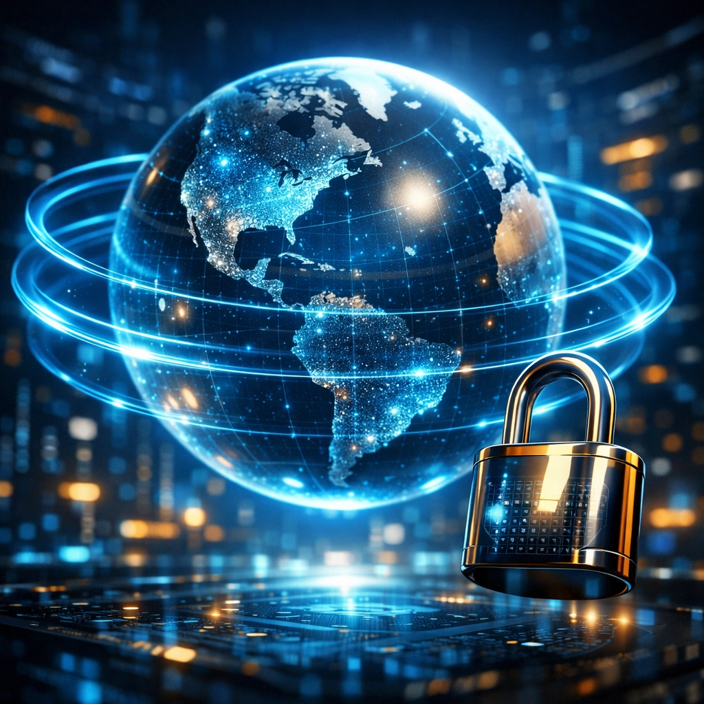 Digital globe with a padlock representing international data privacy and security for global advertising campaigns.