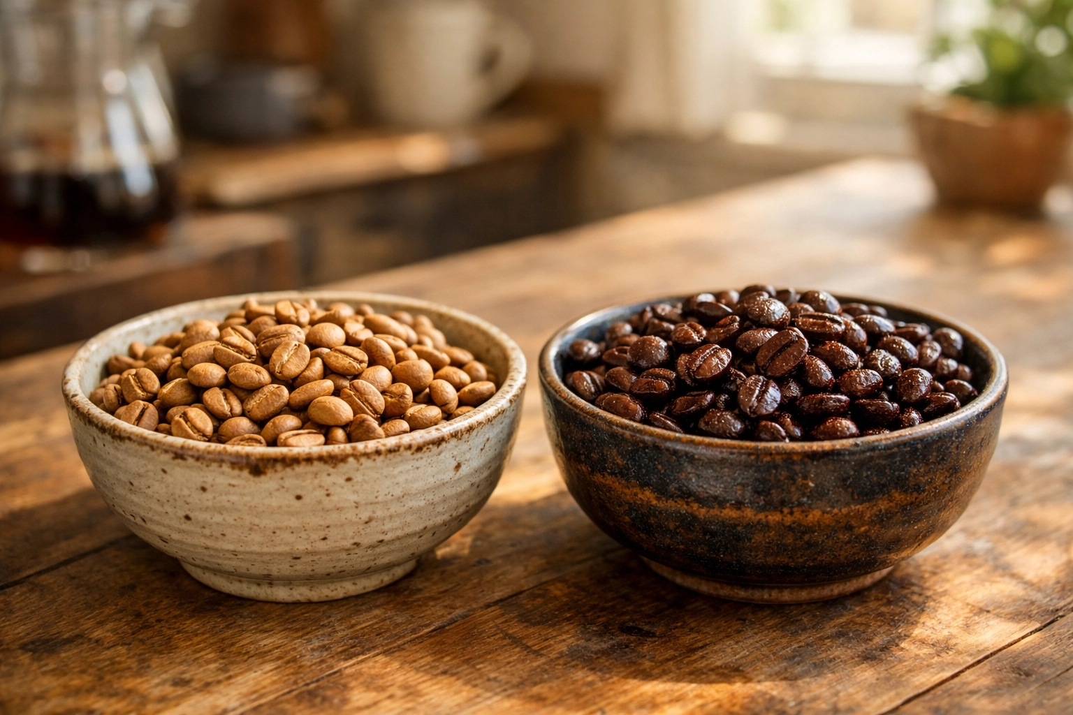 Artisanal bowls filled with light and dark roasted specialty coffee beans on a kitchen table.