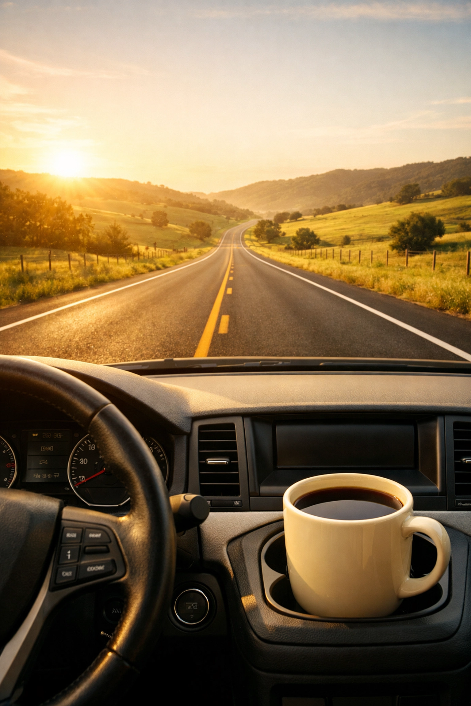 View from a car dashboard of a perfectly smooth asphalt highway and stable coffee cup during a morning commute.