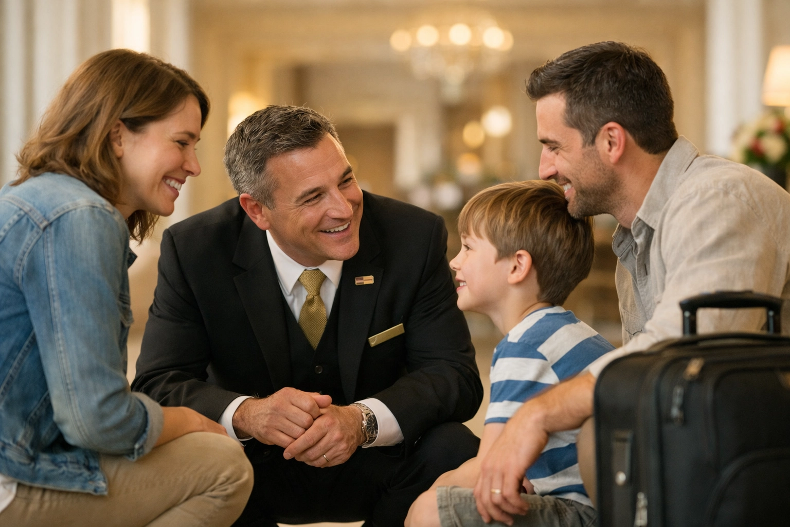 Hotel concierge providing personalized service to family guests in welcoming lobby