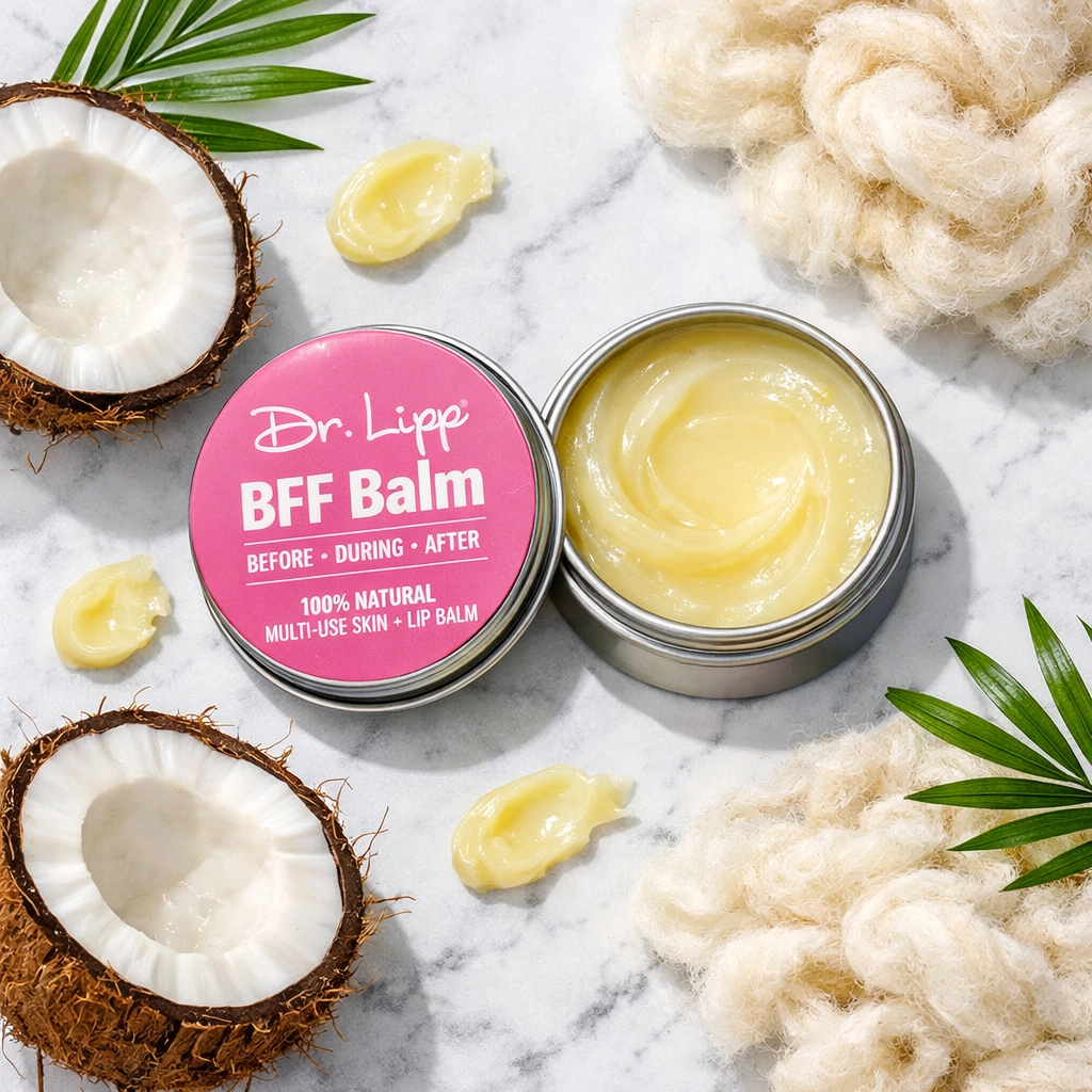 Dr. Lipp BFF Balm with natural ingredients coconut oil and lanolin on marble surface