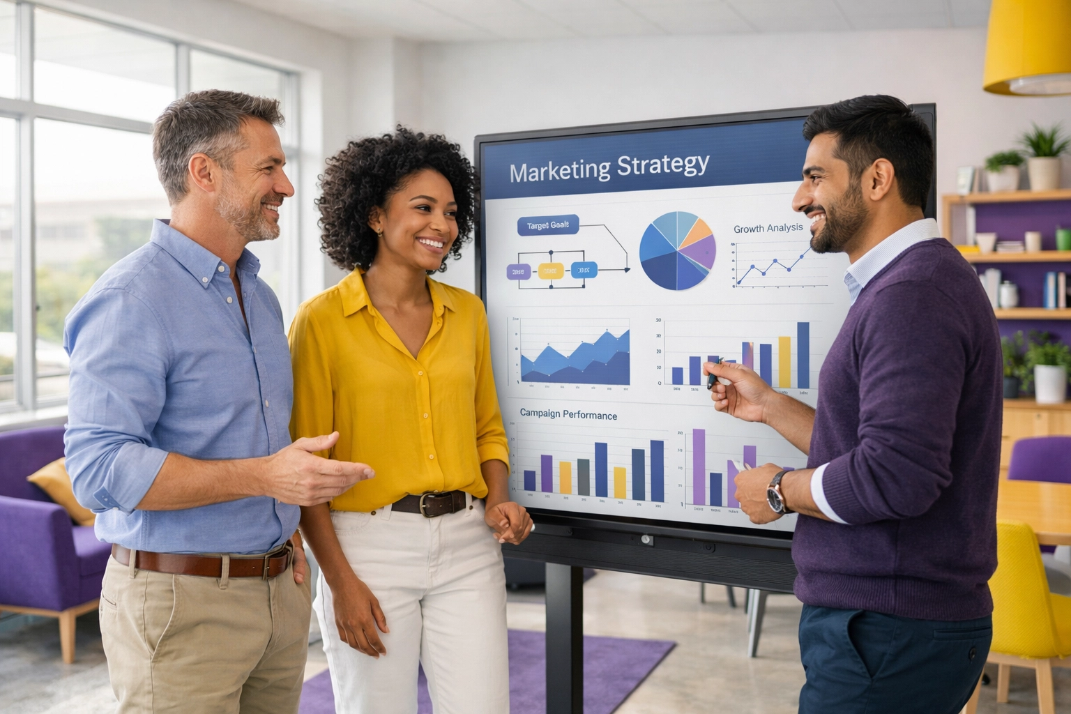 A collaborative outsourced marketing team developing a lead generation strategy in a modern workspace.