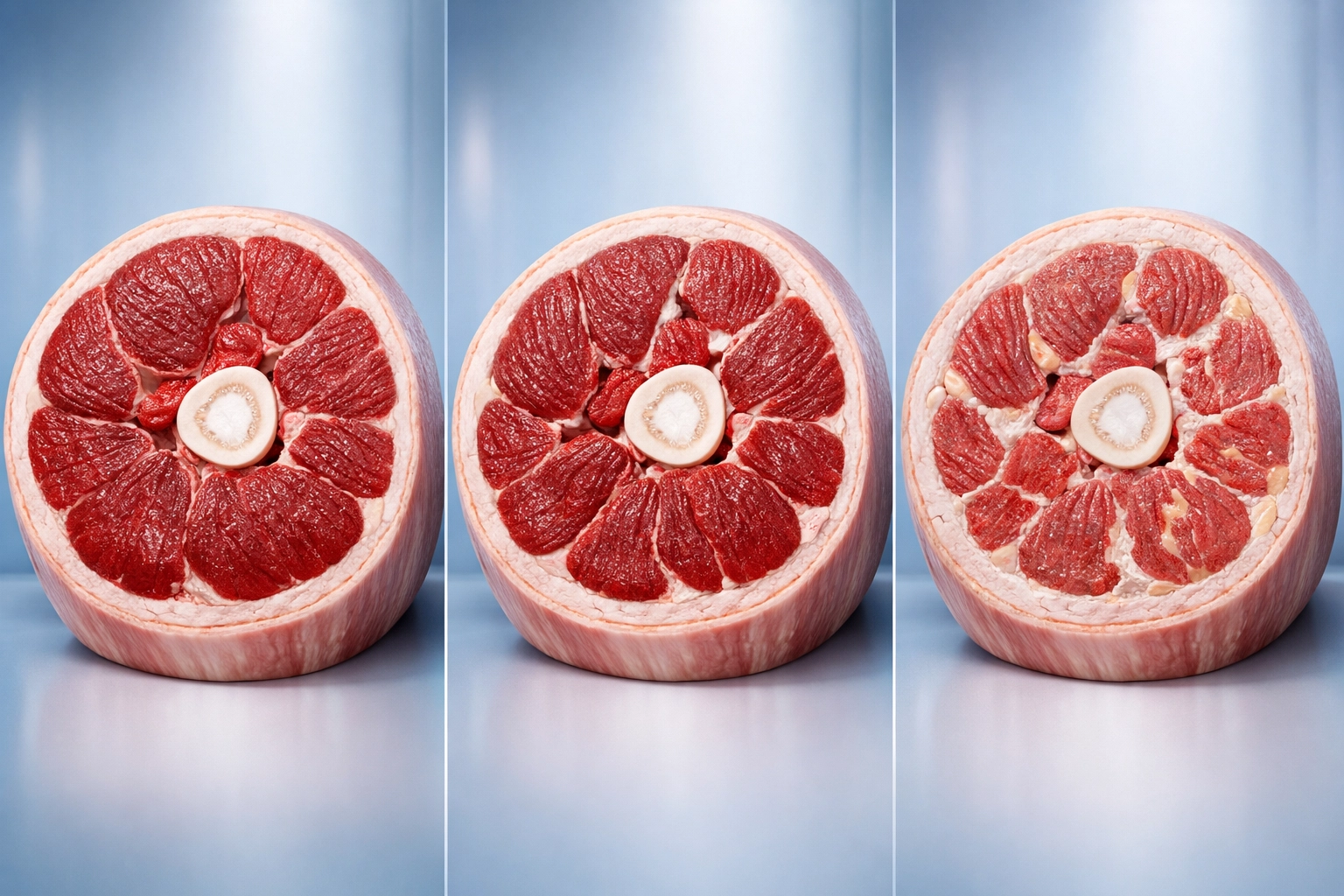 Comparison of thigh cross-sections showing muscle fiber density and the progression of sarcopenia.