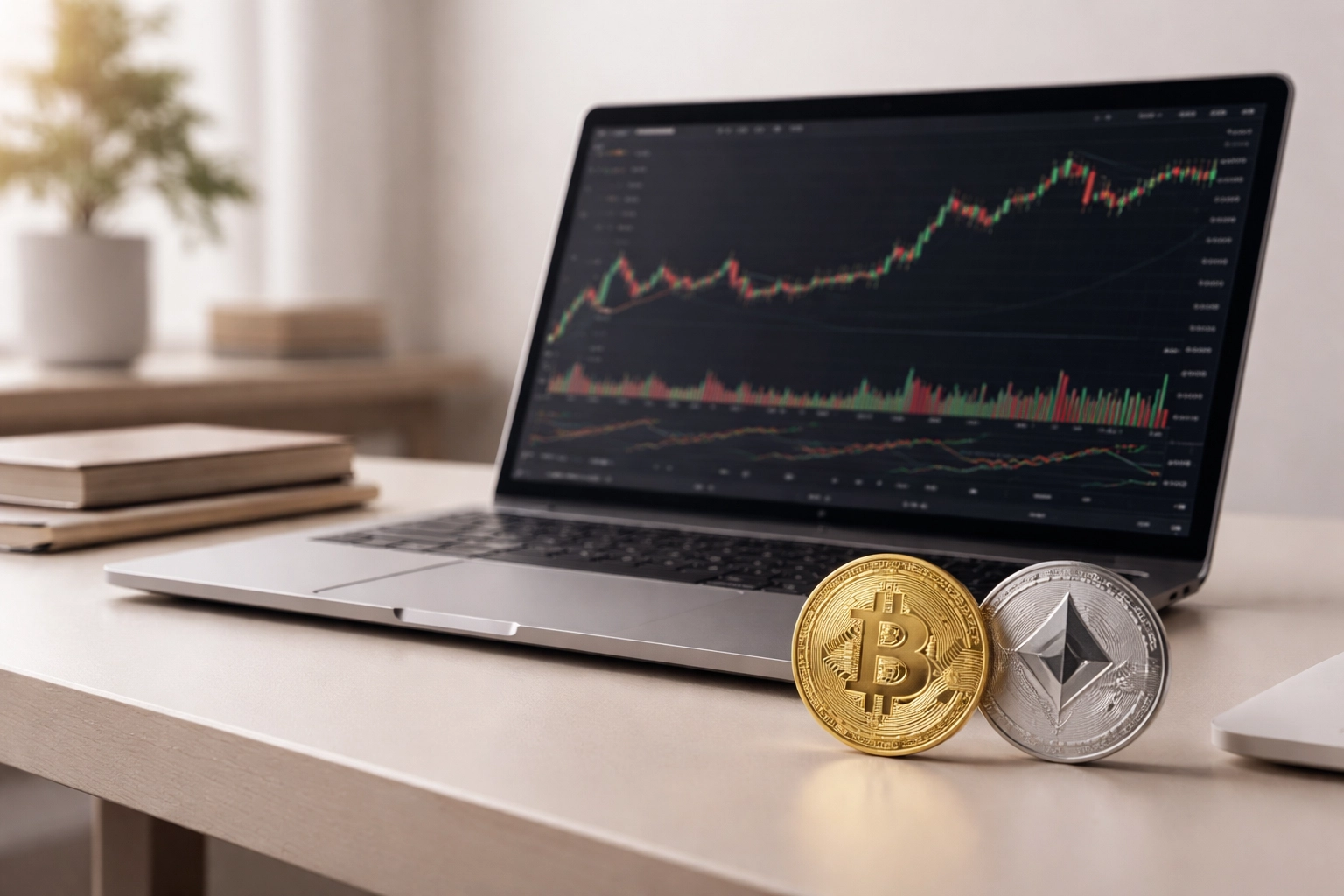 Modern office desk with laptop showing cryptocurrency charts and physical Bitcoin and Ethereum coins, illustrating crypto taxable events